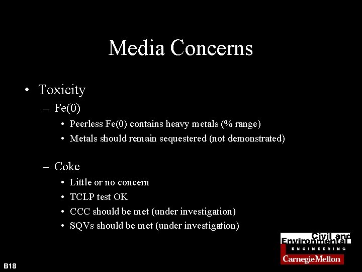 Media Concerns • Toxicity – Fe(0) • Peerless Fe(0) contains heavy metals (% range)