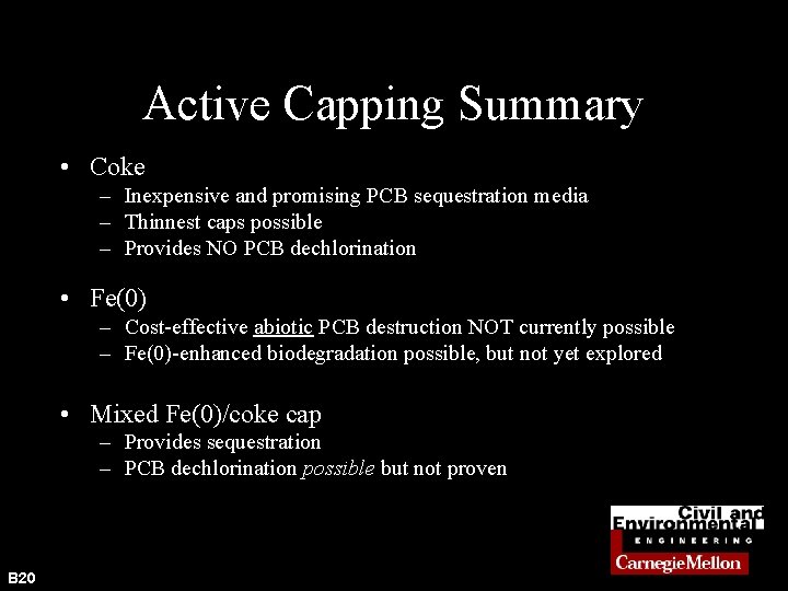 Active Capping Summary • Coke – Inexpensive and promising PCB sequestration media – Thinnest