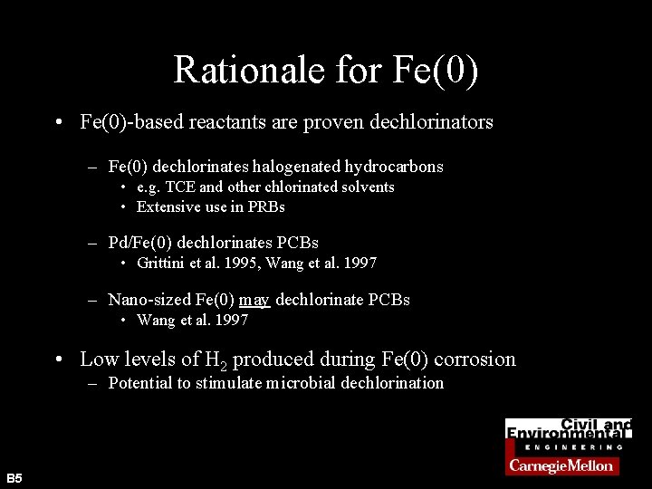 Rationale for Fe(0) • Fe(0)-based reactants are proven dechlorinators – Fe(0) dechlorinates halogenated hydrocarbons