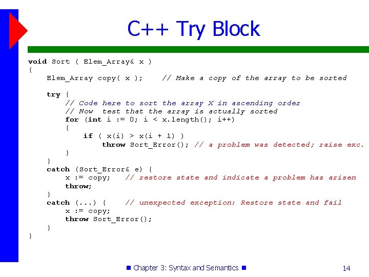 C++ Try Block void Sort ( Elem_Array& x ) { Elem_Array copy( x );