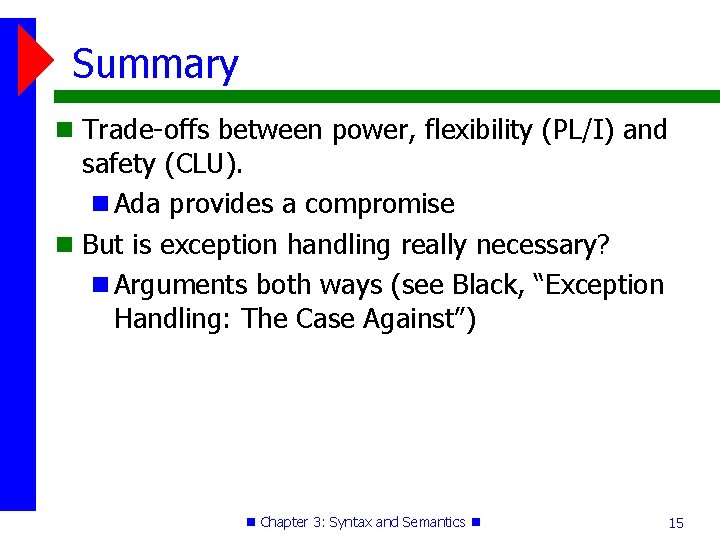 Summary Trade-offs between power, flexibility (PL/I) and safety (CLU). Ada provides a compromise But