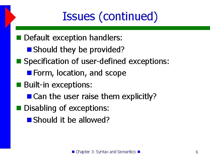 Issues (continued) Default exception handlers: Should they be provided? Specification of user-defined exceptions: Form,