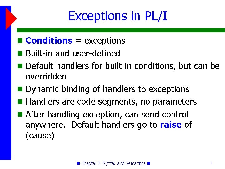 Exceptions in PL/I Conditions = exceptions Built-in and user-defined Default handlers for built-in conditions,