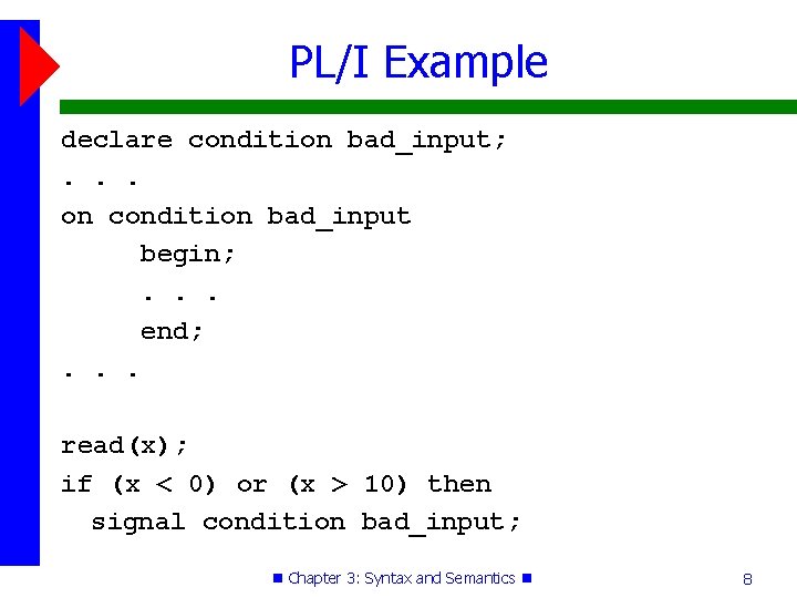 PL/I Example declare condition bad_input; . . . on condition bad_input begin; . .