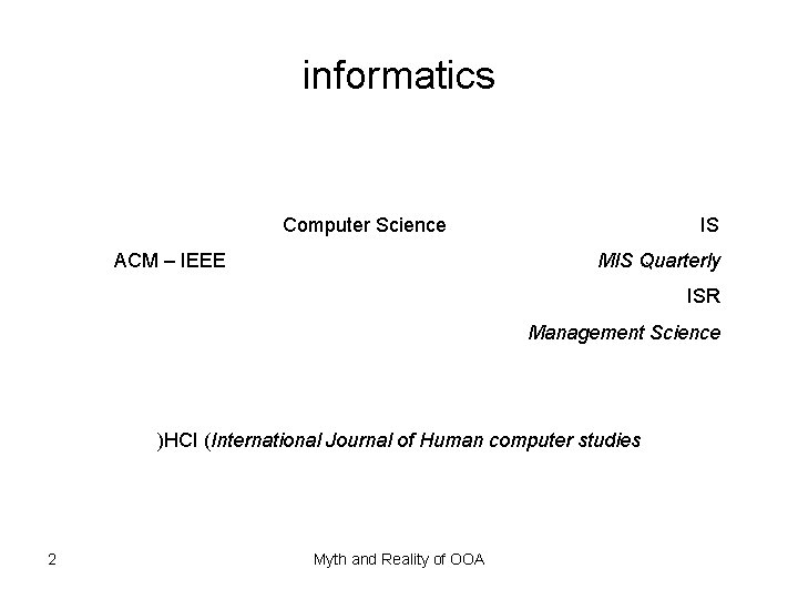 informatics Computer Science IS ACM – IEEE MIS Quarterly ISR Management Science )HCI (International