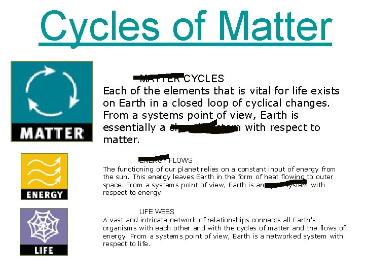 Cycles of Matter MATTER CYCLES Each of the elements that is vital for life