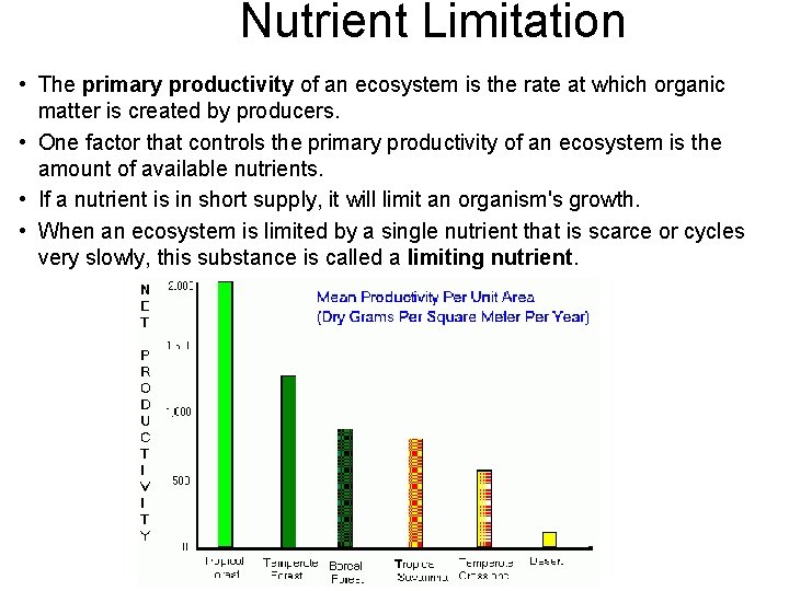 Nutrient Limitation • The primary productivity of an ecosystem is the rate at which