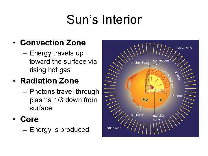 Sun’s Interior • Convection Zone – Energy travels up toward the surface via rising
