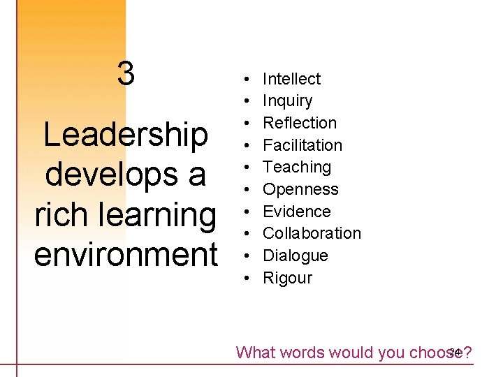 3 Leadership develops a rich learning environment • • • Intellect Inquiry Reflection Facilitation