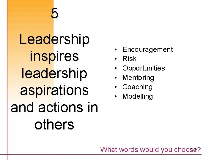 5 Leadership inspires leadership aspirations and actions in others • • • Encouragement Risk
