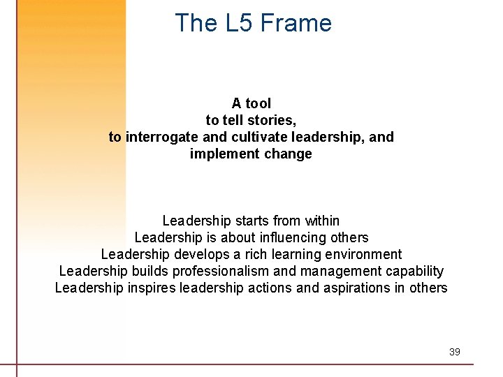The L 5 Frame A tool to tell stories, to interrogate and cultivate leadership,
