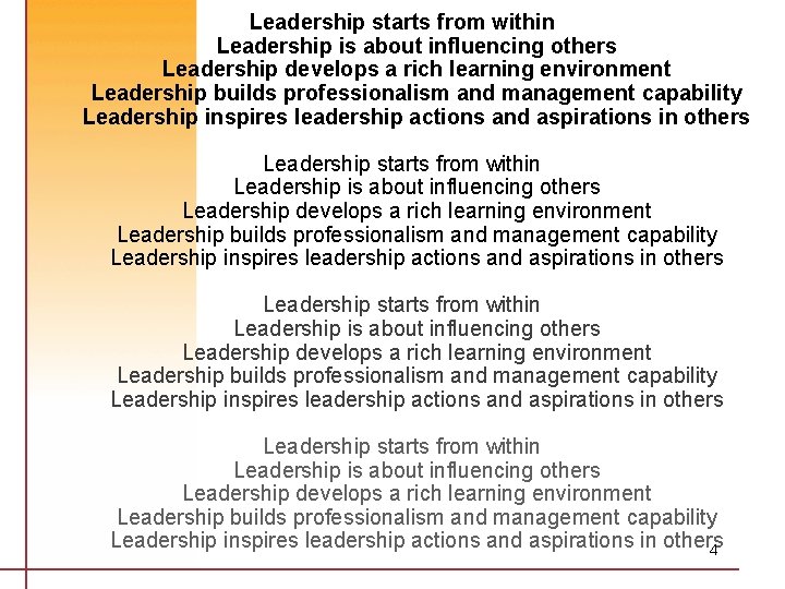 Leadership starts from within Leadership is about influencing others Leadership develops a rich learning