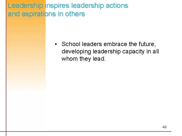 Leadership inspires leadership actions and aspirations in others • School leaders embrace the future,