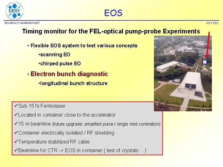 EOS HELMHOLTZ GEMEINSCHAFT Timing monitor for the FEL-optical pump-probe Experiments • Flexible EOS system