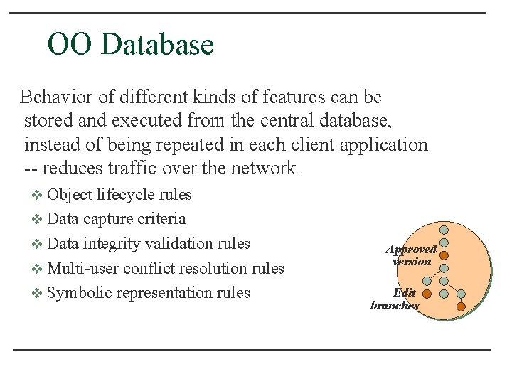 OO Database Behavior of different kinds of features can be stored and executed from