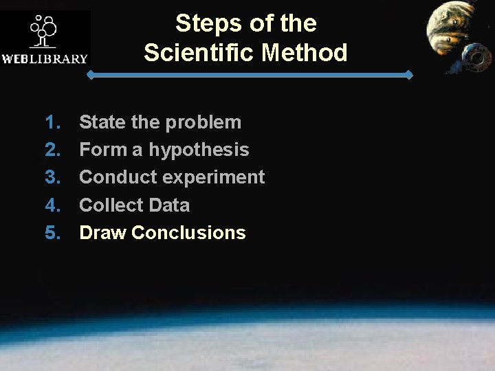 Steps of the Scientific Method 1. 2. 3. 4. 5. State the problem Form