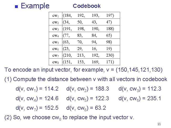 n Example Codebook To encode an input vector, for example, v = (150, 145, n Example Codebook To encode an input vector, for example, v = (150, 145,