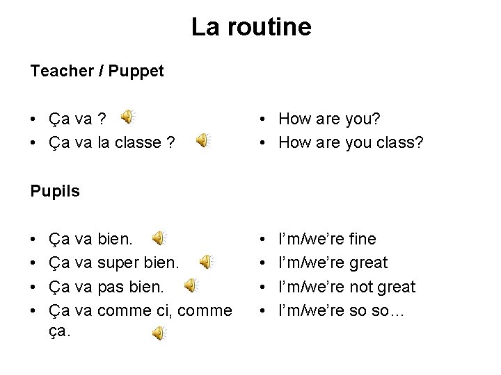 La routine Teacher / Puppet • Ça va ? • Ça va la classe