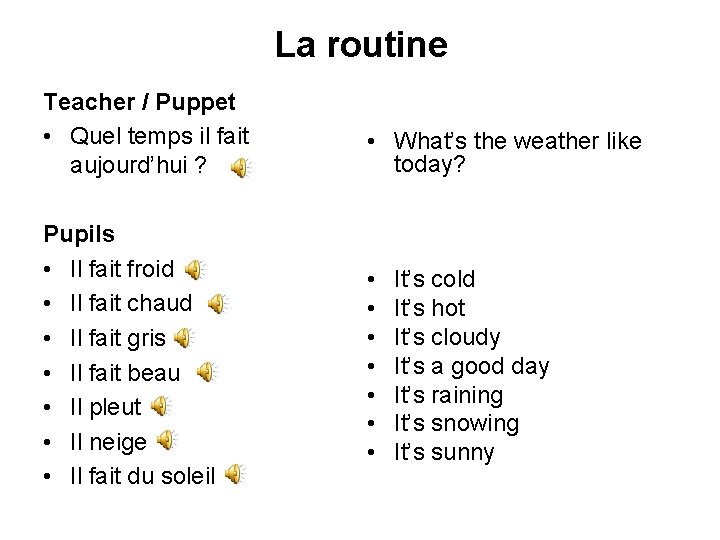 La routine Teacher / Puppet • Quel temps il fait aujourd’hui ? Pupils •