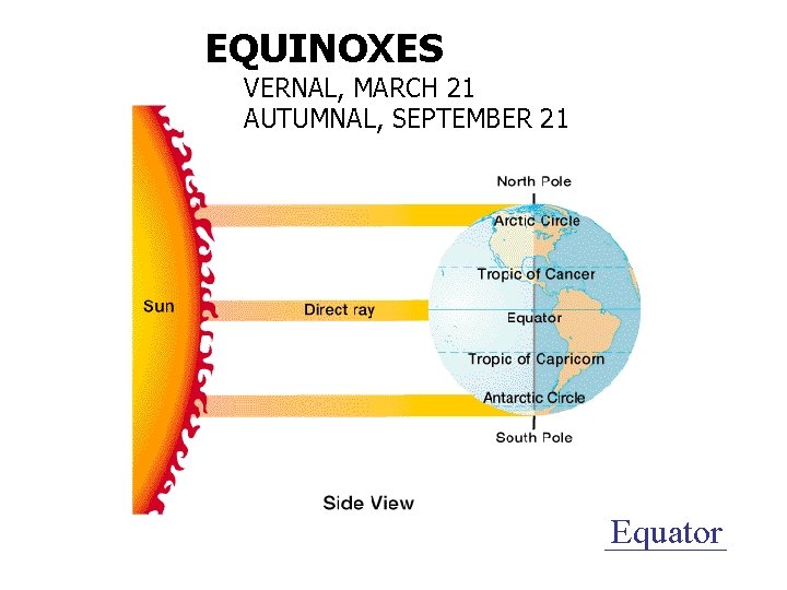 EQUINOXES VERNAL, MARCH 21 AUTUMNAL, SEPTEMBER 21 _______ Equator 