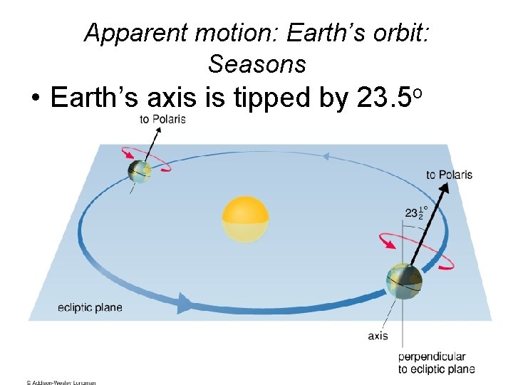 Apparent motion: Earth’s orbit: Seasons • Earth’s axis is tipped by 23. 5 o