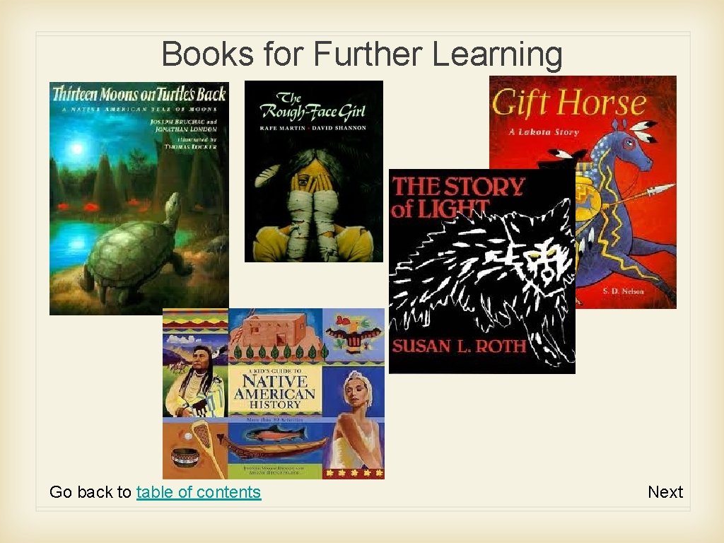Books for Further Learning Go back to table of contents Next 