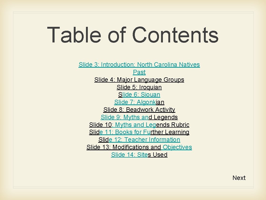 Table of Contents Slide 3: Introduction: North Carolina Natives Past Slide 4: Major Language