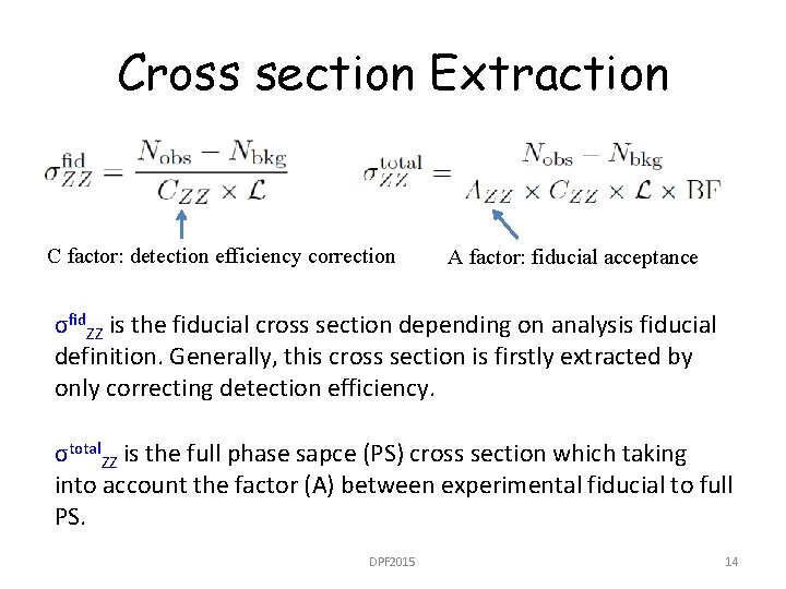 Cross section Extraction C factor: detection efficiency correction A factor: fiducial acceptance σfid. ZZ