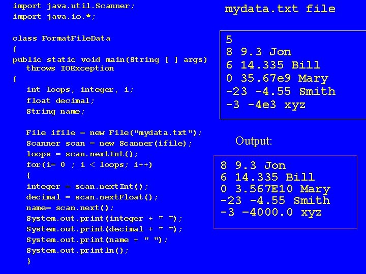 import java. util. Scanner; import java. io. *; mydata. txt file class Format. File.