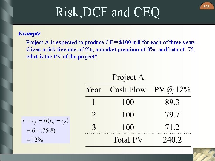 Risk, DCF and CEQ Example Project A is expected to produce CF = $100 Risk, DCF and CEQ Example Project A is expected to produce CF = $100