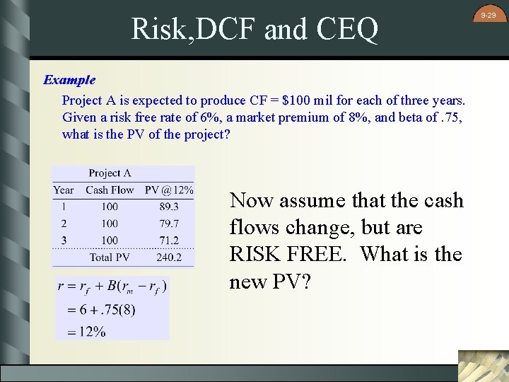 Risk, DCF and CEQ Example Project A is expected to produce CF = $100 Risk, DCF and CEQ Example Project A is expected to produce CF = $100