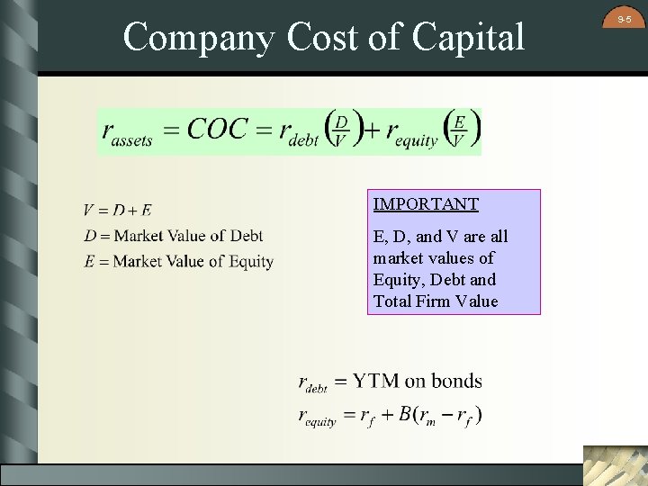 Company Cost of Capital IMPORTANT E, D, and V are all market values of Company Cost of Capital IMPORTANT E, D, and V are all market values of