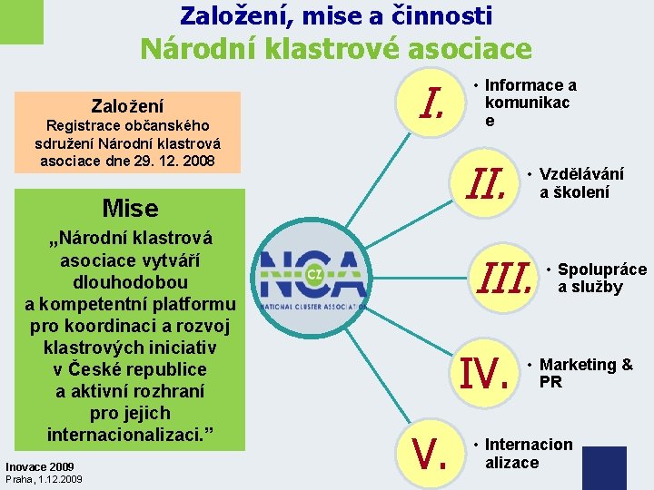 Založení, mise a činnosti Národní klastrové asociace Založení Registrace občanského sdružení Národní klastrová asociace