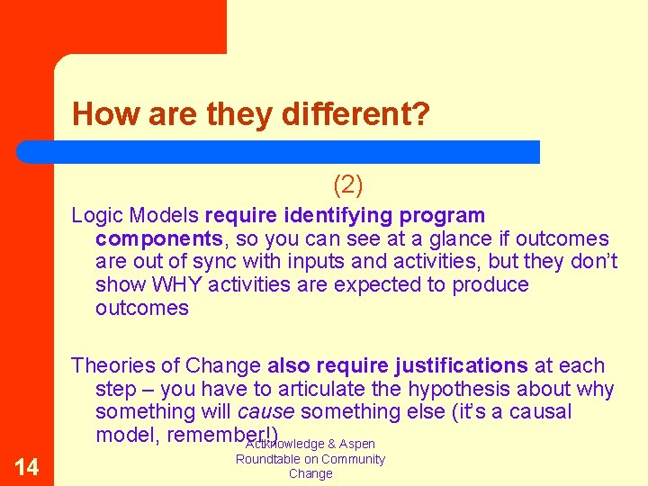 How are they different? (2) Logic Models require identifying program components, so you can How are they different? (2) Logic Models require identifying program components, so you can