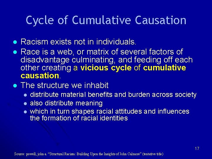 Cycle of Cumulative Causation l l l Racism exists not in individuals. Race is Cycle of Cumulative Causation l l l Racism exists not in individuals. Race is