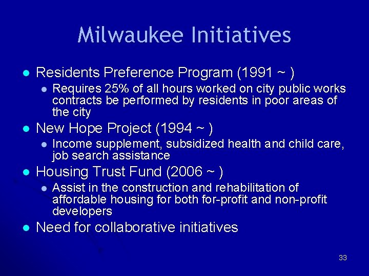 Milwaukee Initiatives l Residents Preference Program (1991 ~ ) l l New Hope Project Milwaukee Initiatives l Residents Preference Program (1991 ~ ) l l New Hope Project