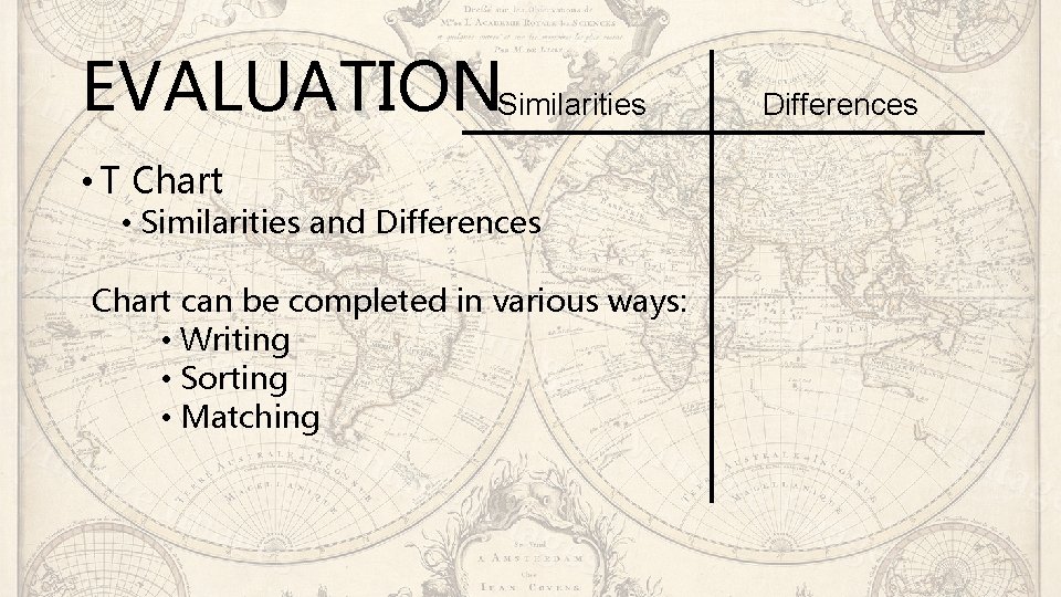 EVALUATIONSimilarities • T Chart • Similarities and Differences Chart can be completed in various