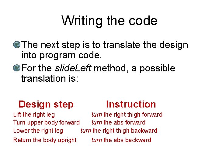 Writing the code The next step is to translate the design into program code.