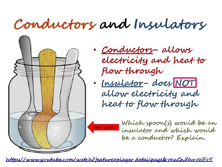 Conductors and Insulators • Conductors- allows electricity and heat to flow through • Insulator-