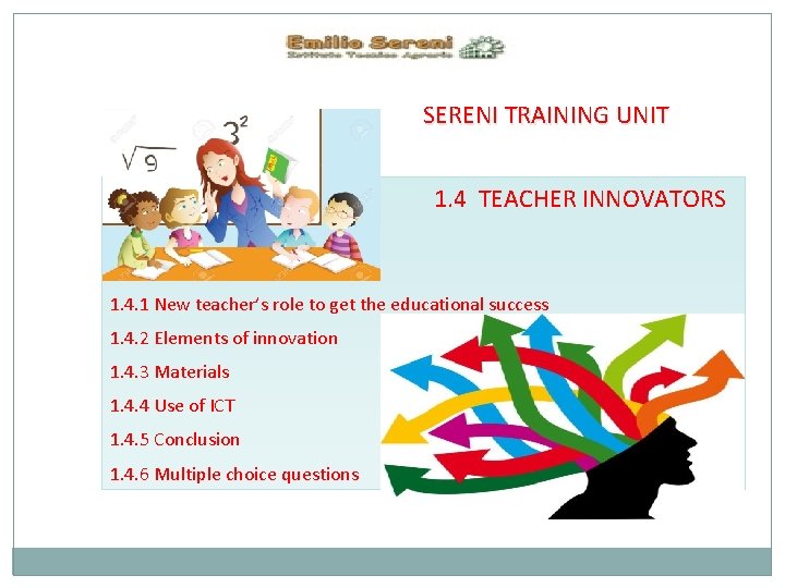 SERENI TRAINING UNIT 1. 4 TEACHER INNOVATORS 1. 4. 1 New teacher’s role to