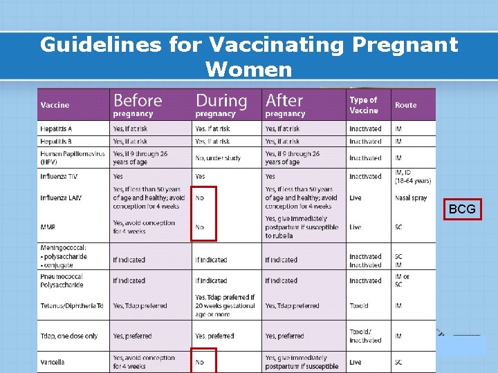 Guidelines for Vaccinating Pregnant Women BCG 