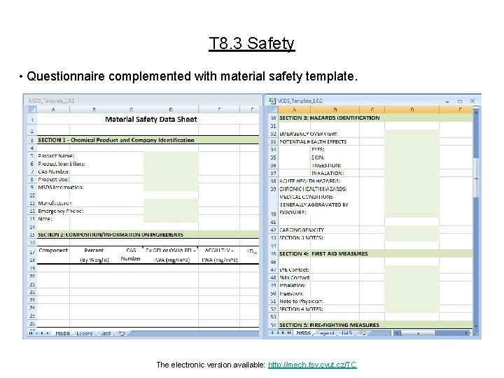 T 8. 3 Safety • Questionnaire complemented with material safety template. The electronic version