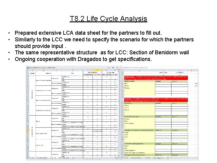 T 8. 2 Life Cycle Analysis • Prepared extensive LCA data sheet for the