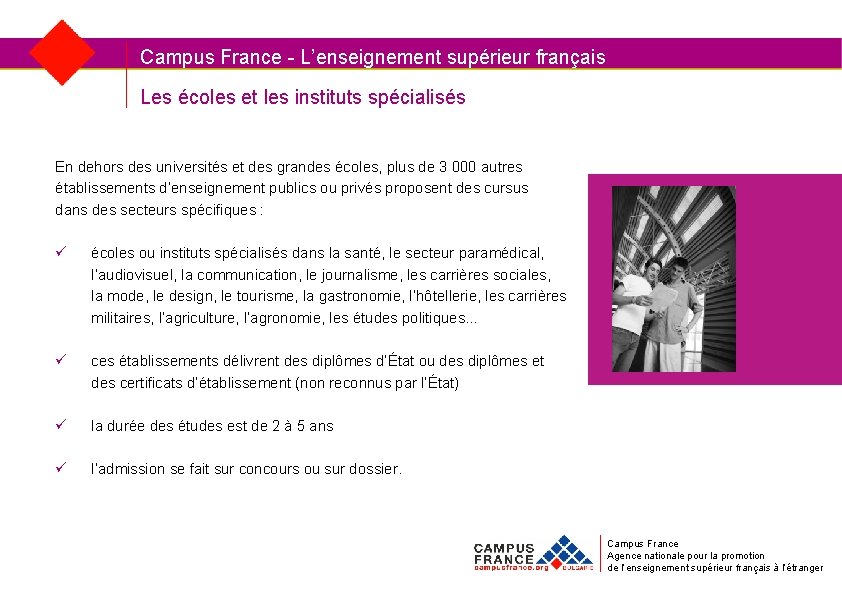 Campus France - L’enseignement supérieur français Les écoles et les instituts spécialisés En dehors