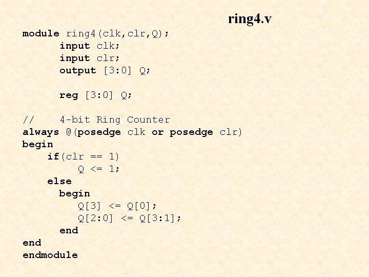 ring 4. v module ring 4(clk, clr, Q); input clk; input clr; output [3: