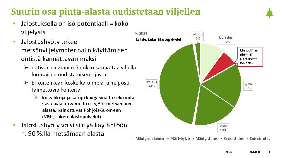 Suurin osa pinta-alasta uudistetaan viljellen • Jalostuksella on iso potentiaali = koko viljelyala •