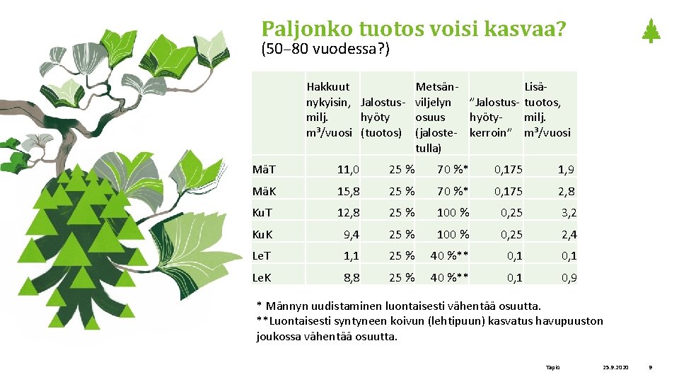 Paljonko tuotos voisi kasvaa? (50– 80 vuodessa? ) Hakkuut Metsän. Lisänykyisin, Jalostus- viljelyn ”Jalostus-