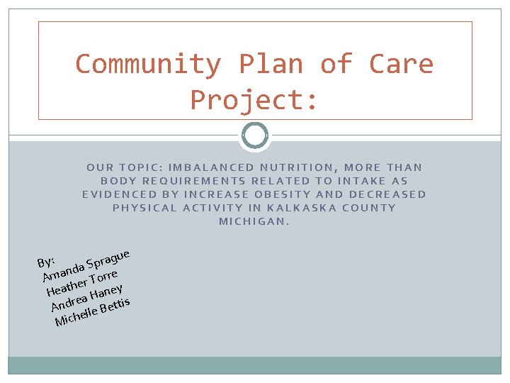 Community Plan of Care Project: OUR TOPIC: IMBALANCED NUTRITION, MORE THAN BODY REQUIREMENTS RELATED