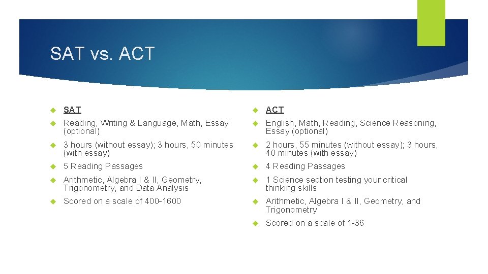 SAT vs. ACT SAT ACT Reading, Writing & Language, Math, Essay (optional) English, Math,