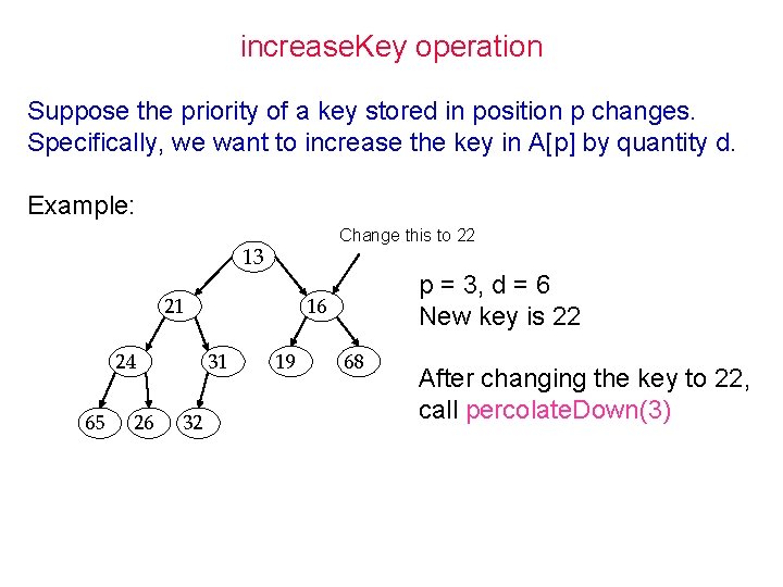 increase. Key operation Suppose the priority of a key stored in position p changes. increase. Key operation Suppose the priority of a key stored in position p changes.